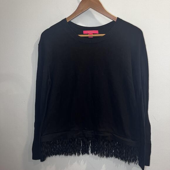 Lilly Pulitzer Sweater Womens Medium Black Fringe Hem Crewneck Pullover Top - Picture 2 of 12